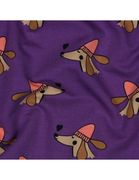 Tela de sudadera afelpada con perros y corazones - Violeta