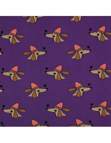 Tela de sudadera afelpada con perros y corazones - Violeta