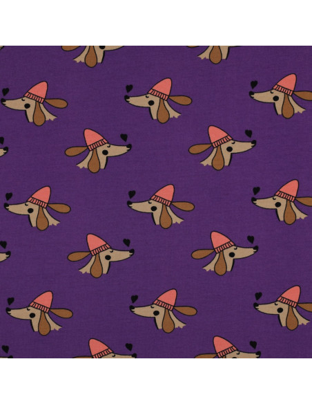 Tela de sudadera afelpada con perros y corazones - Violeta