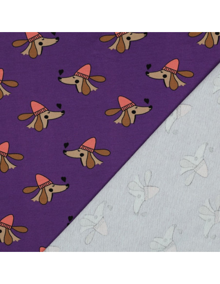 Tela de sudadera afelpada con perros y corazones - Violeta