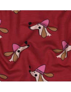 Tela de sudadera afelpada con perros y corazones - Rojo
