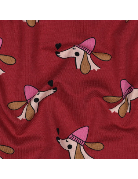 Tela de sudadera afelpada con perros y corazones - Rojo