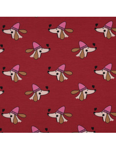 Tela de sudadera afelpada con perros y corazones - Rojo 2
