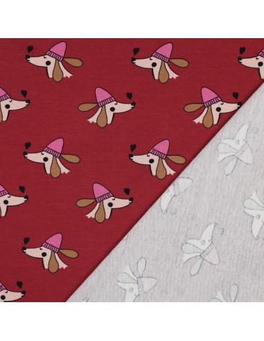 Tela de sudadera afelpada con perros y corazones - Rojo