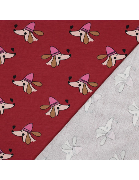Tela de sudadera afelpada con perros y corazones - Rojo