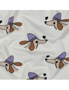 Tela de sudadera afelpada con perros y corazones - Blanco roto