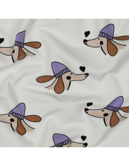 Tela de sudadera afelpada con perros y corazones - Blanco roto