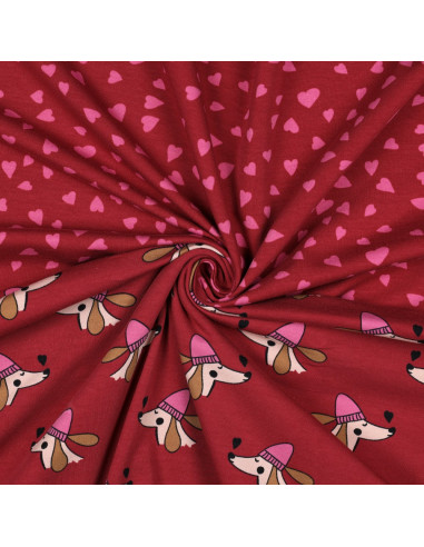 Tejido de sudadera de felpa rojo - Corazones rosa