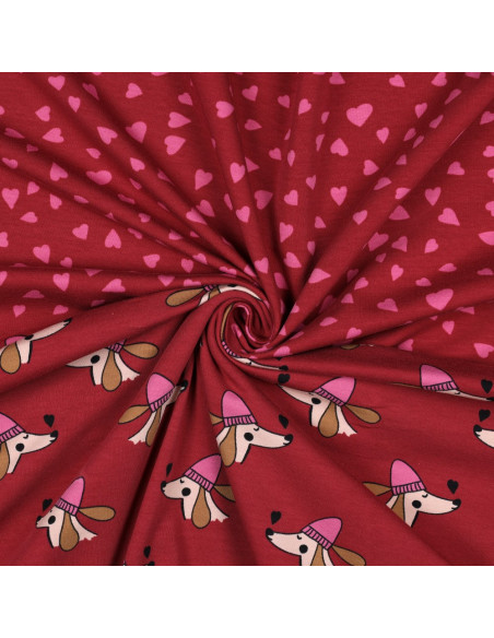 Tejido de sudadera de felpa rojo - Corazones rosa