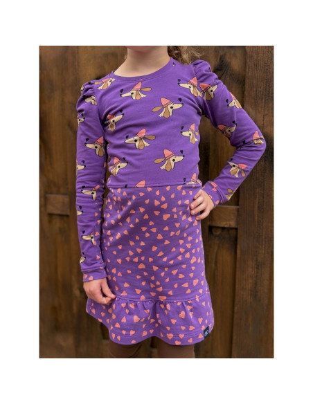 Tejido de sudadera afelpada violeta - Corazones coral