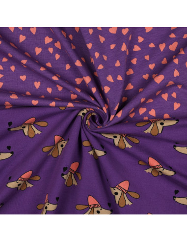 Tejido de sudadera afelpada violeta - Corazones coral