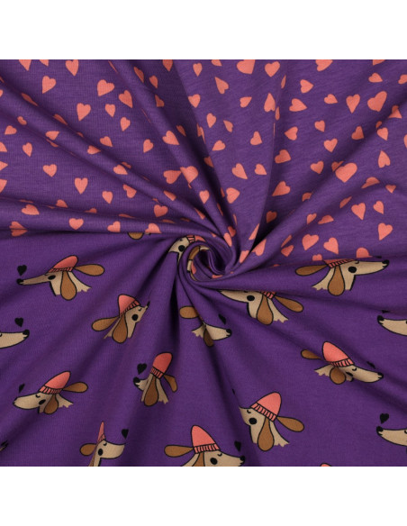 Tejido de sudadera afelpada violeta - Corazones coral