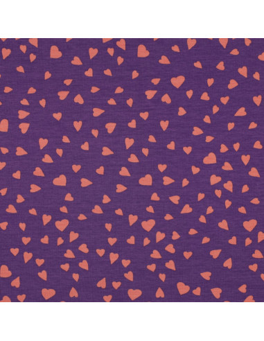Tejido de sudadera afelpada violeta - Corazones coral