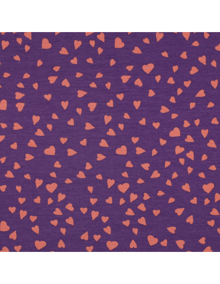 Tejido de sudadera afelpada violeta - Corazones coral