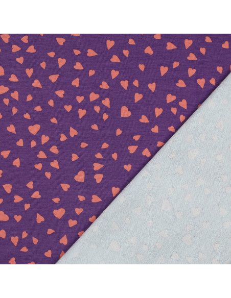 Tejido de sudadera afelpada violeta - Corazones coral