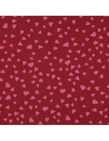 Tejido de sudadera de felpa rojo - Corazones rosa