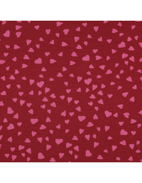 Tejido de sudadera de felpa rojo - Corazones rosa