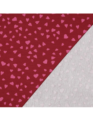 Tejido de sudadera de felpa rojo - Corazones rosa