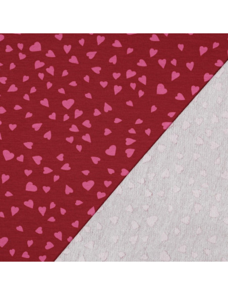 Tejido de sudadera de felpa rojo - Corazones rosa