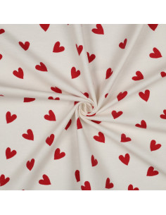 Tela de franela blanco roto - Corazones rojos