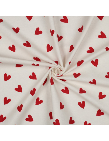 Tela de franela blanco roto - Corazones rojos