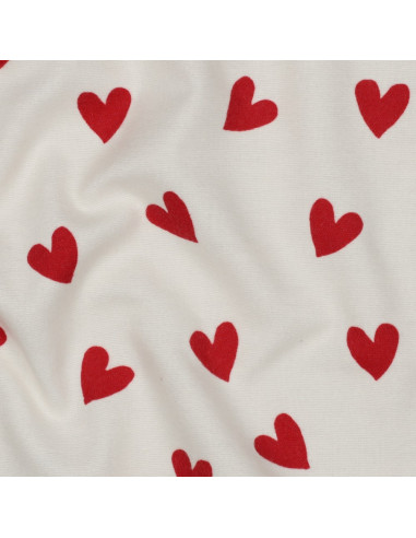 Tela de franela blanco roto - Corazones rojos
