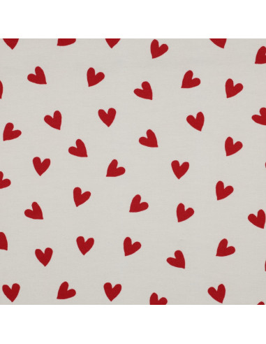 Tela de franela blanco roto - Corazones rojos