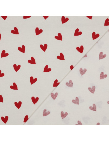 Tela de franela blanco roto - Corazones rojos