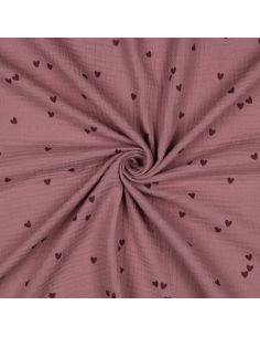 Tejido de doble gasa estampado - Corazones rosa sobre fondo rosa viejo oscuro