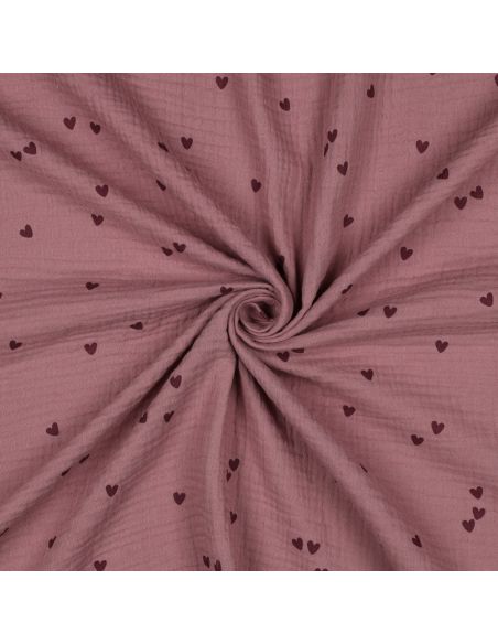 Tejido de doble gasa estampado - Corazones rosa sobre fondo rosa viejo oscuro