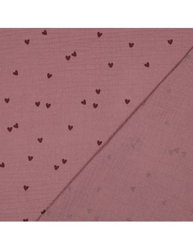 Tejido de doble gasa estampado - Corazones rosa sobre fondo rosa viejo oscuro