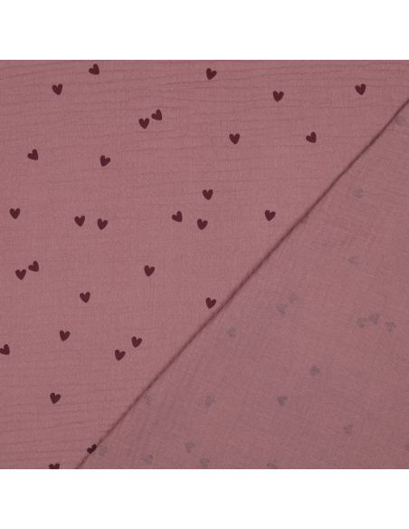 Tejido de doble gasa estampado - Corazones rosa sobre fondo rosa viejo oscuro