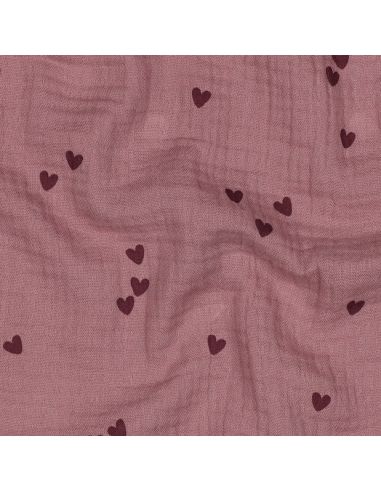 Tejido de doble gasa estampado - Corazones rosa sobre fondo rosa viejo oscuro