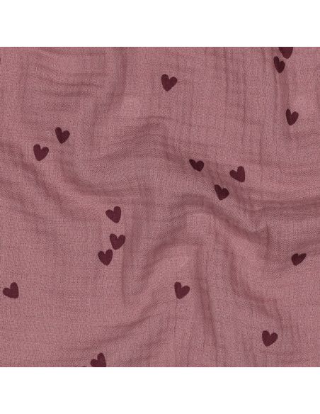 Tejido de doble gasa estampado - Corazones rosa sobre fondo rosa viejo oscuro