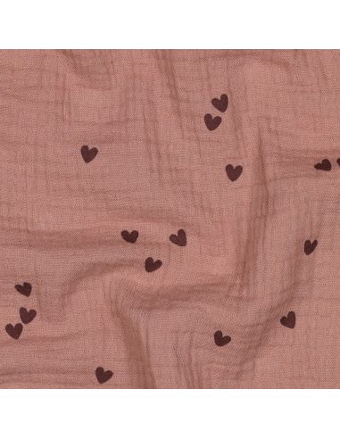 Tejido de doble gasa estampado - Corazón mocha sobre fondo marrón