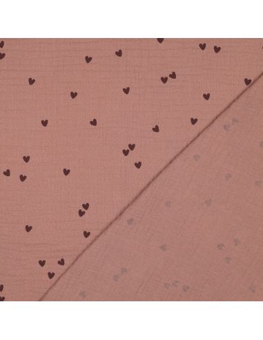Tejido de doble gasa estampado - Corazón mocha sobre fondo marrón
