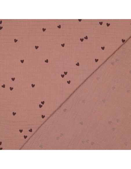 Tejido de doble gasa estampado - Corazón mocha sobre fondo marrón