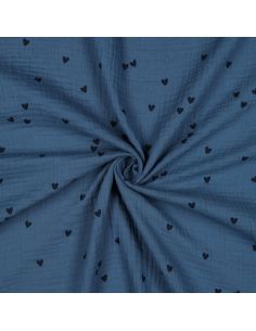 Tejido de doble gasa estampado - Corazón negro sobre fondo azul