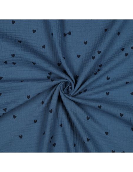 Tejido de doble gasa estampado - Corazón negro sobre fondo azul
