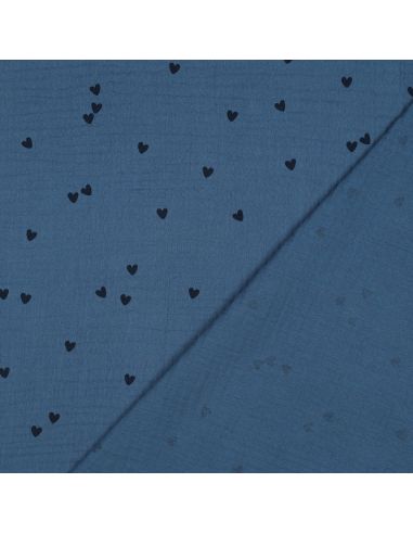 Tejido de doble gasa estampado - Corazón negro sobre fondo azul