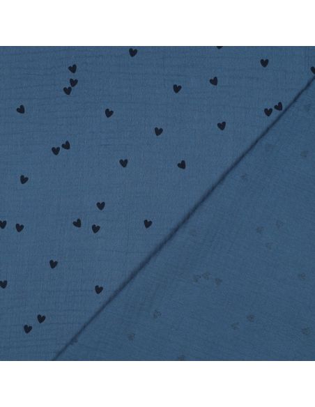 Tejido de doble gasa estampado - Corazón negro sobre fondo azul