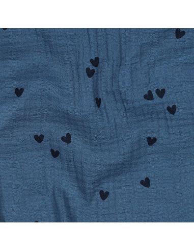 Tejido de doble gasa estampado - Corazón negro sobre fondo azul