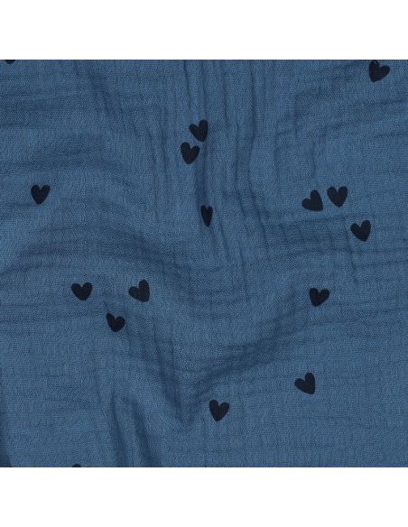 Tejido de doble gasa estampado - Corazón negro sobre fondo azul