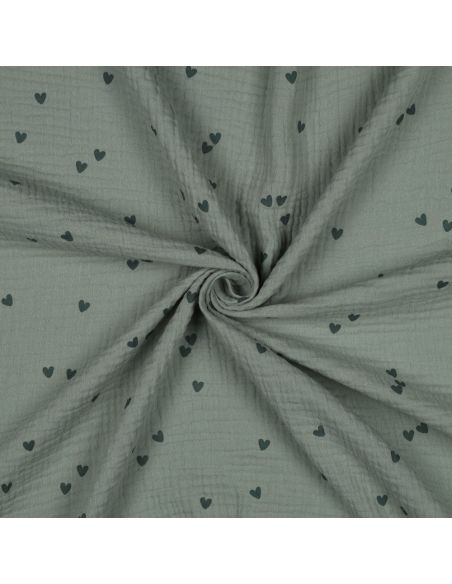 Tejido de doble gasa estampado - Corazón verde oscuro sobre fondo verde