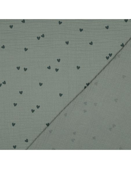Tejido de doble gasa estampado - Corazón verde oscuro sobre fondo verde