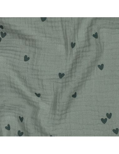Tejido de doble gasa estampado - Corazón verde oscuro sobre fondo verde