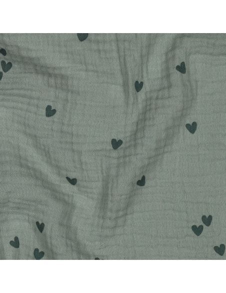 Tejido de doble gasa estampado - Corazón verde oscuro sobre fondo verde