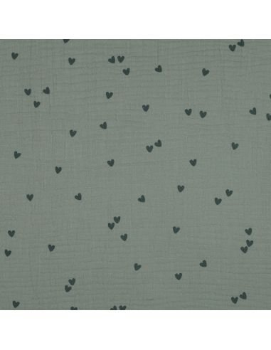 Tejido de doble gasa estampado - Corazón verde oscuro sobre fondo verde