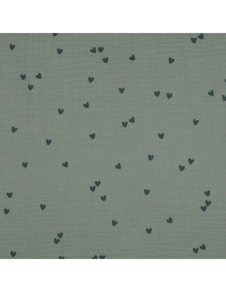 Tejido de doble gasa estampado - Corazón verde oscuro sobre fondo verde