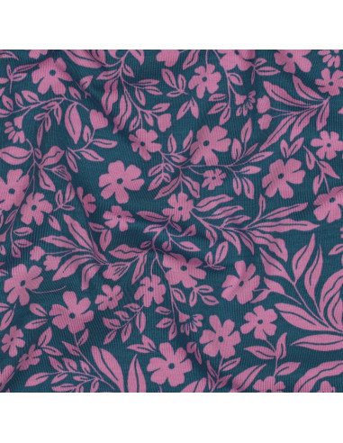 Tejido de punto con flores - Rosa sobre fondo azul petróleo